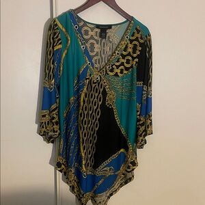 Chico's V-Neck Chain Print Blouse in Black, Blue, and Gold